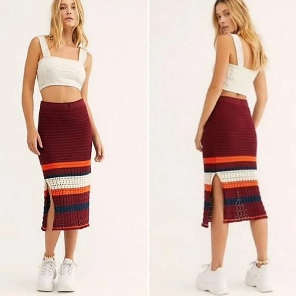 Free People Dresses & Skirts - Free people Red and White Midi Pencil Skirt with Slit